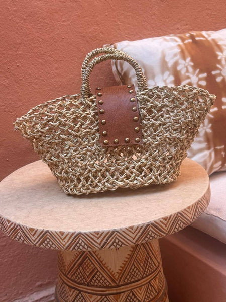 Small Open Straw Basket with leather closure