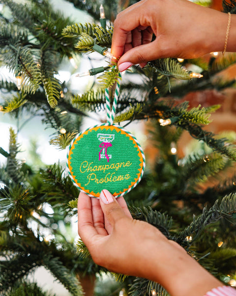 Needlepoint Ornament - Champagne Problems - Bodega Nantucket
