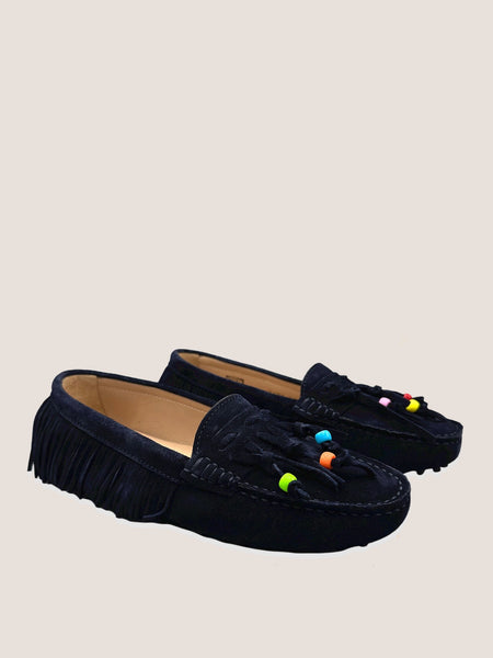 Toujours Beaded Moccasins Navy - Bodega Nantucket