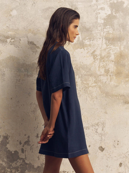 Mae Popover Mini Dress - Navy - Bodega Nantucket