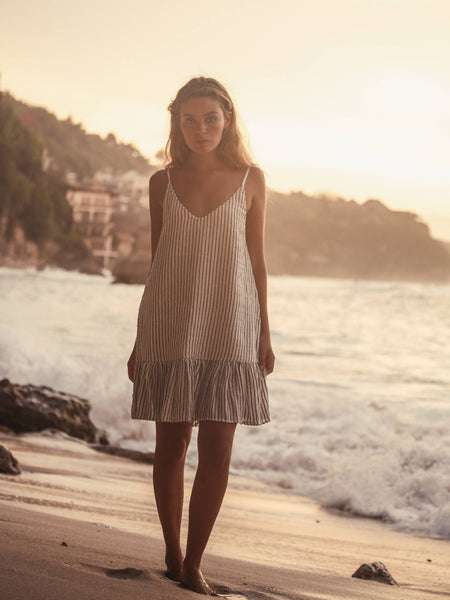 Liv Mini Ruffle Dress - Black Stripes - Bodega Nantucket
