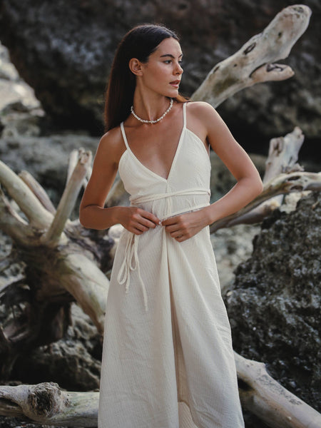 Sage Maxi Dress - Natural With Gold Stripes - Bodega Nantucket