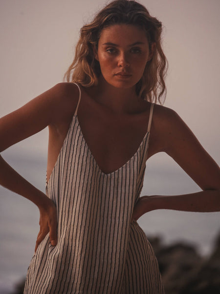 Liv Mini Ruffle Dress - Black Stripes - Bodega Nantucket