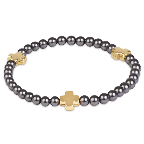 Signature Cross 4mm Pearl Dark Grey Bracelet Gold