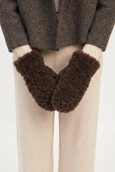Faux Shearling Mittens - Brown