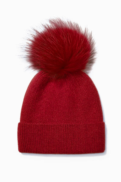 Red Ribbed Pompom Beanie