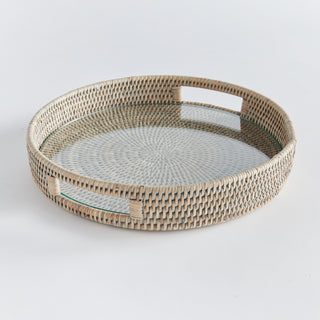 White Round Rattan Tray