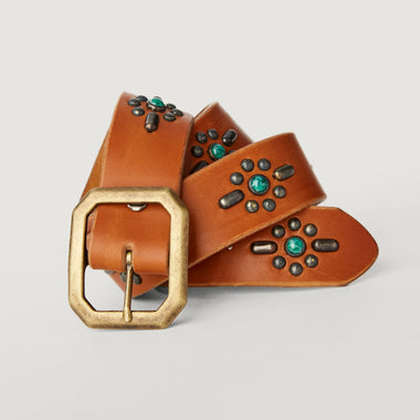 Southwestern Studded Motif Jade Stones Wide Tan Leather Tan - Bodega Nantucket