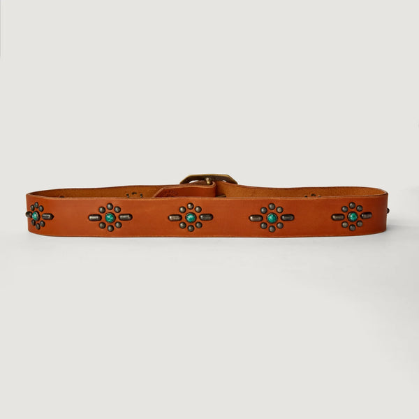 Southwestern Studded Motif Jade Stones Wide Tan Leather Tan - Bodega Nantucket