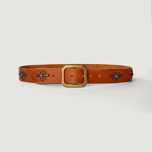 Southwestern Studded Motif Jade Stones Wide Tan Leather Tan - Bodega Nantucket