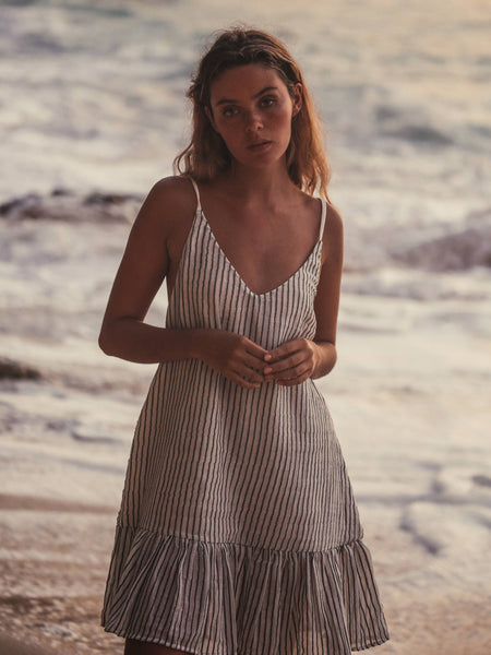 Liv Mini Ruffle Dress - Black Stripes - Bodega Nantucket