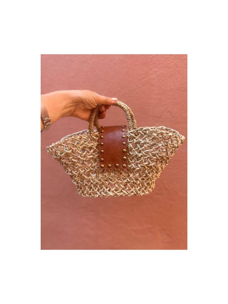 Small Open Straw Basket with leather closure