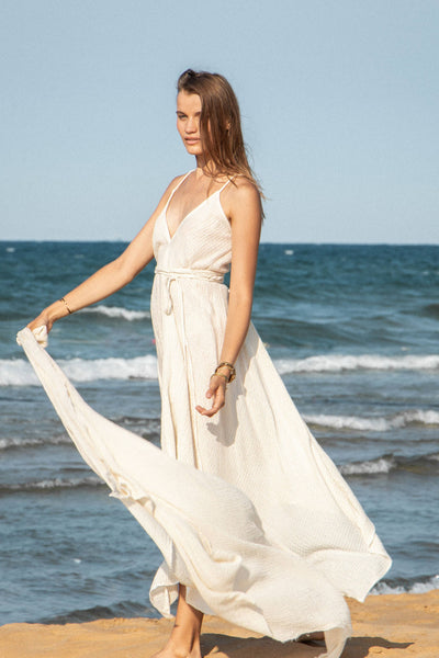 Sage Maxi Dress - Natural With Gold Stripes - Bodega Nantucket