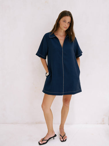 Mae Popover Mini Dress - Navy - Bodega Nantucket