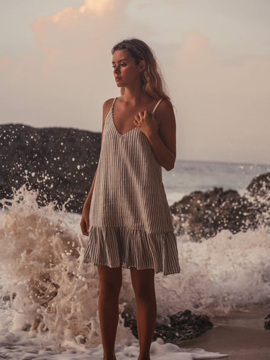 Liv Mini Ruffle Dress - Black Stripes - Bodega Nantucket
