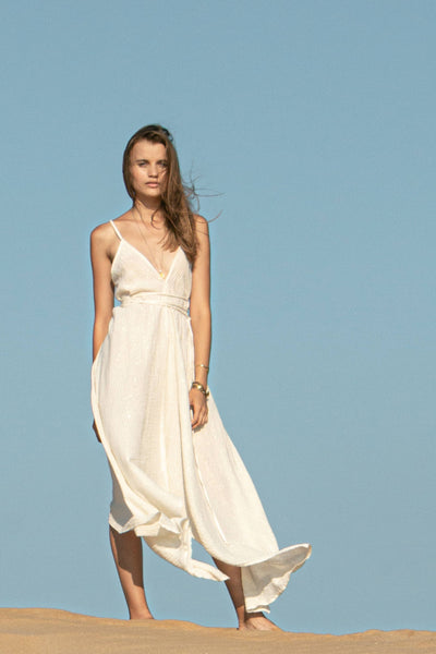 Sage Maxi Dress - Natural With Gold Stripes - Bodega Nantucket